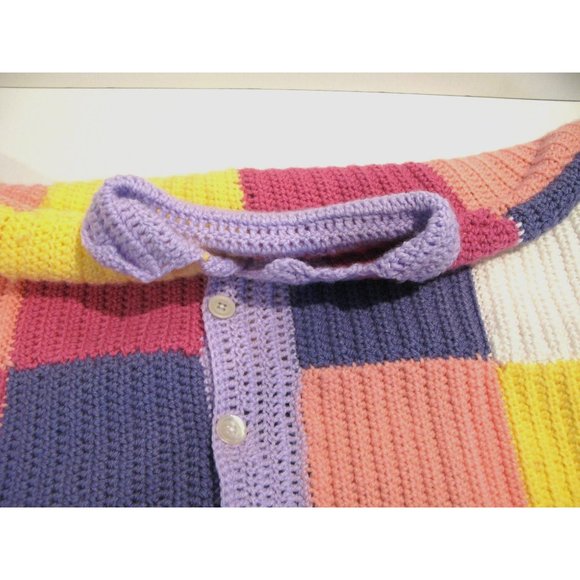 Handmade Crochet Patchwork Jacket Sweater Pink Purple Green Yellow Coral Buttons - Picture 6 of 7
